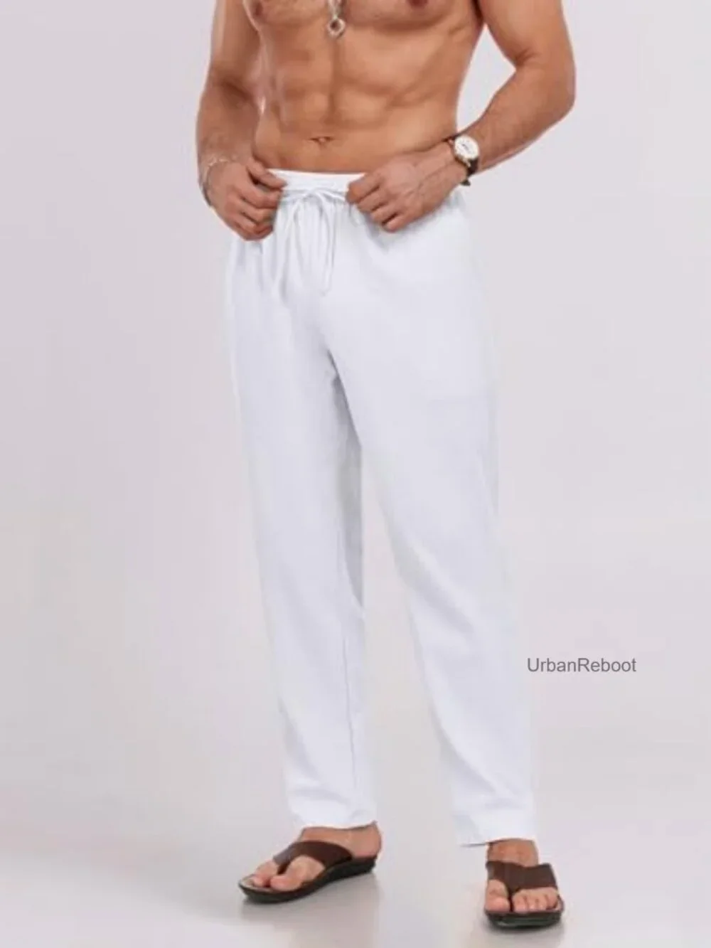 Men's Cotton Linen Casual Pants Elastic Waist Drawstring Lightweight Breathable